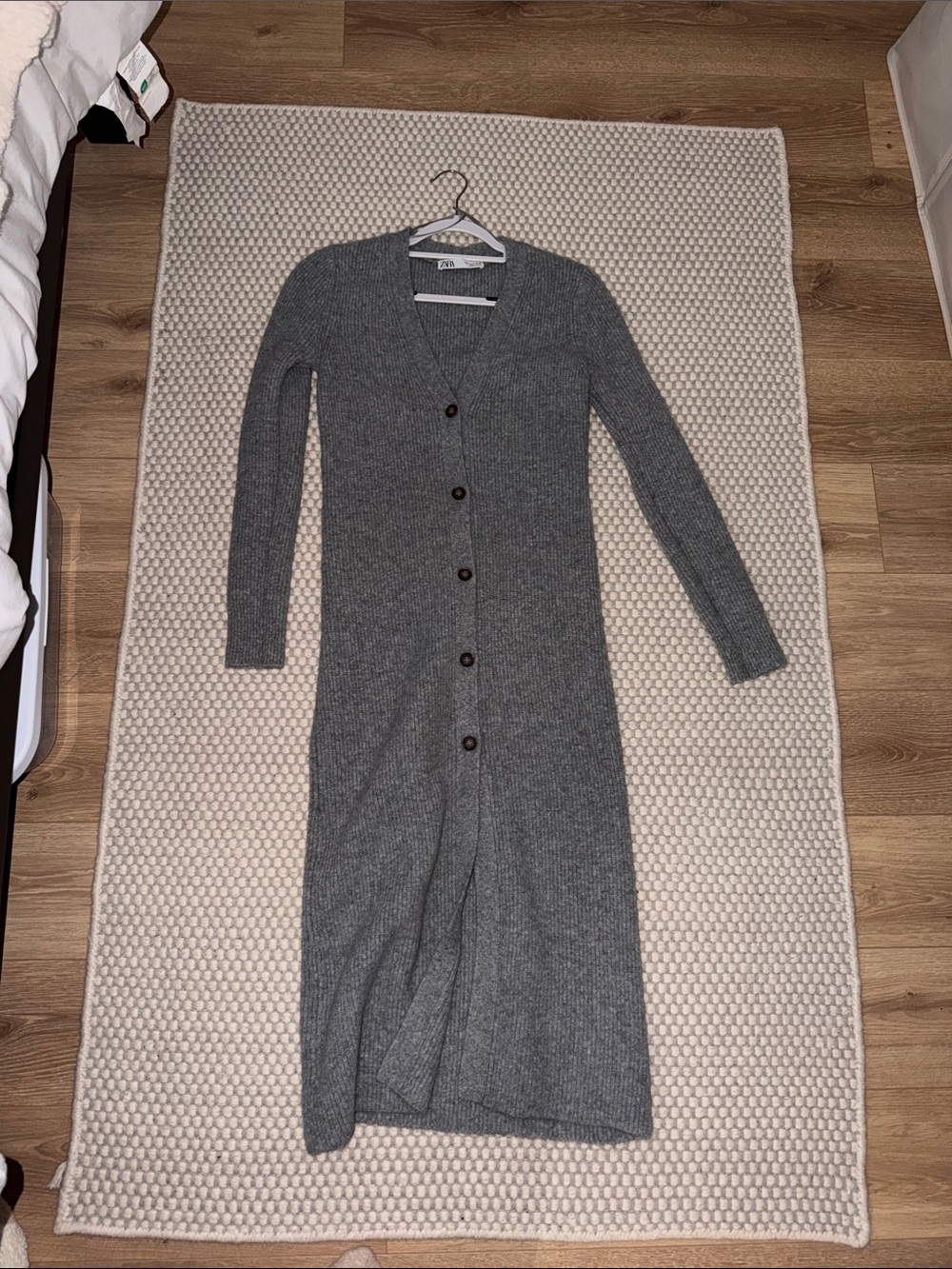 Zara Long Gray Ribbed Sweater Button-Down Knit Dress